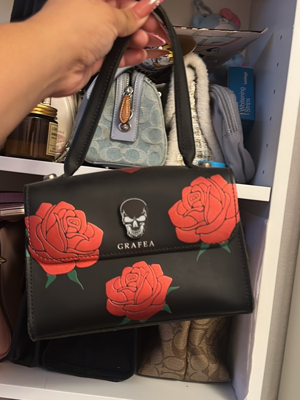 Rafe Black Mini Top-Handle Bag with Red Rose Motif